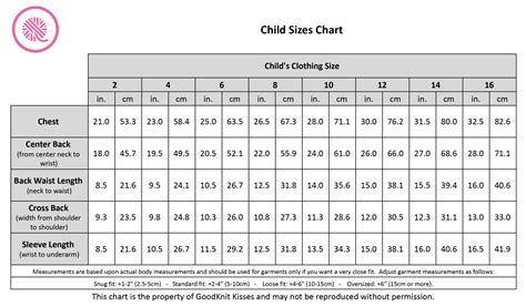 child sizes chart  common measurements  kids