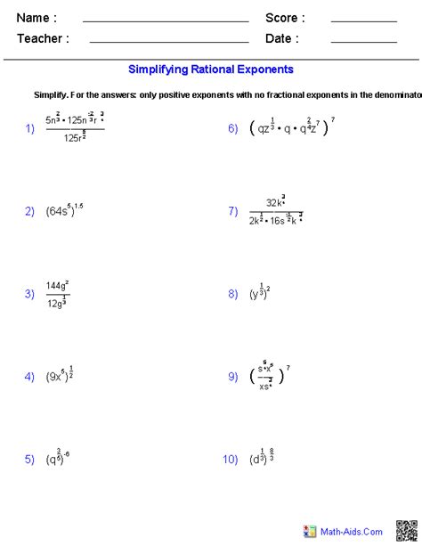 simplifying rational exponents worksheets 10th grade math worksheets