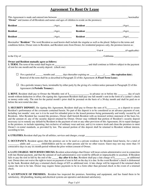 california rental lease agreement  docx template
