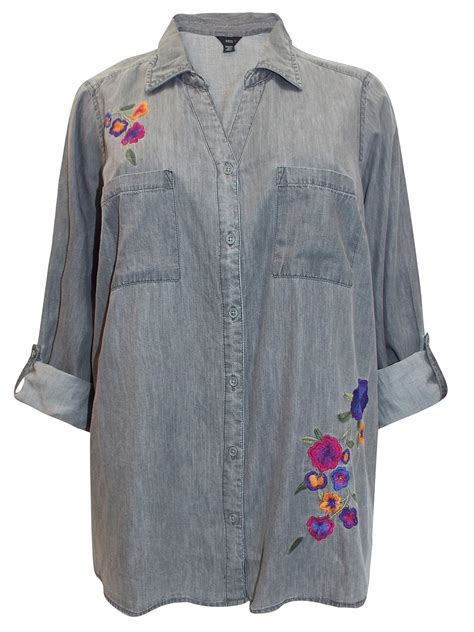 Intro Intro Grey Floral Embroidered Dipped Hem Denim Shirt Plus