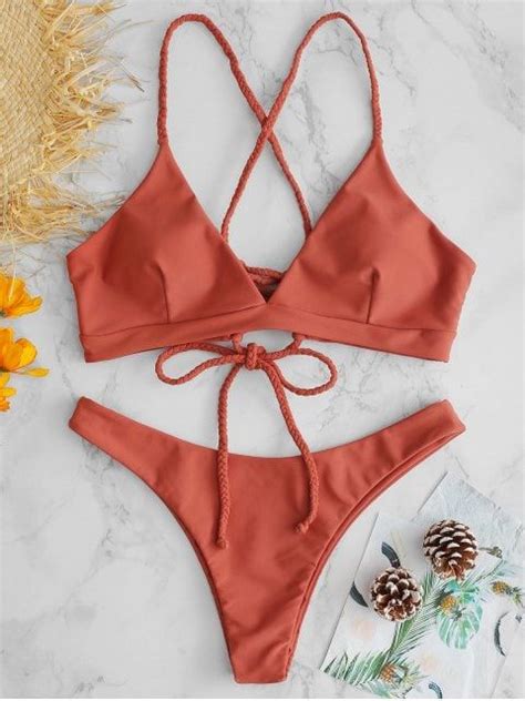 [hot] 2019 Zaful Lace Up Braided Strap Bikini Set In Chestnut Red S