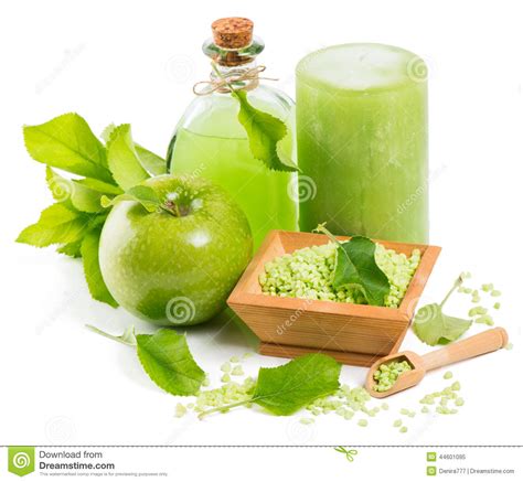 spa accessories  green apple stock image image  branch white