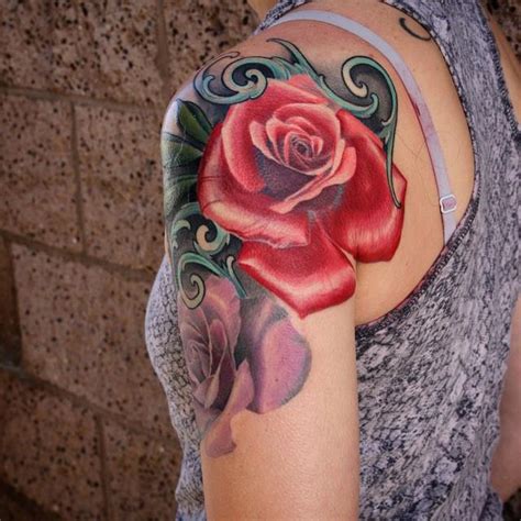 Cool Rose Tattoo On Women Left Shoulder