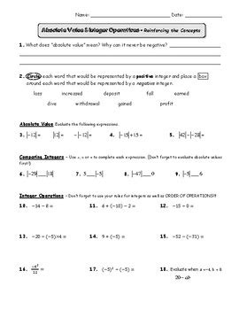absolute   integers review worksheet  pre algebra  easy