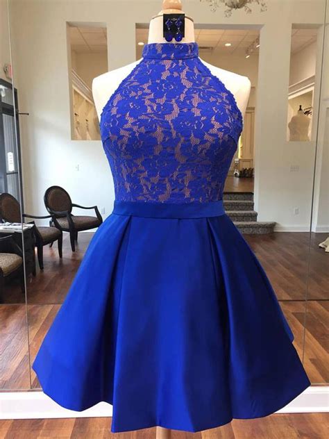 2018 A Line Royal Blue Short Prom Dress High Neck Lace