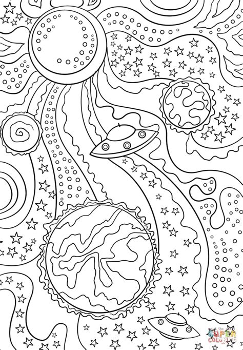 trippy space alien flying saucer  planets coloring page