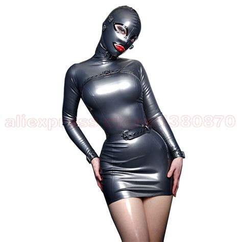 sexy latex dress attached to hood rubber latex women tights clothing