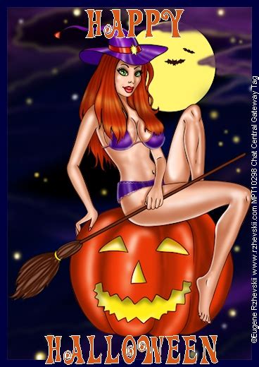 Happy Halloween Sexy Red Head Witch Sitting On Pumpkin