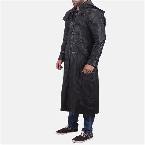 mens huntsman black hooded leather trench coat