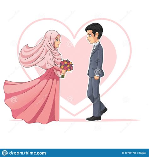 Muslim Wedding Couple Cartoon Bride And Groom With Flower