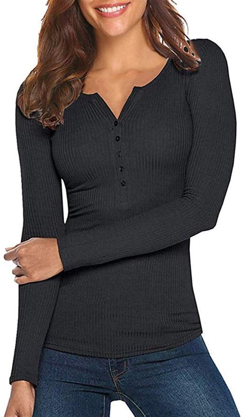 Women S Henley Shirts Long Sleeve V Neck Ribbed Button Knit Sweater