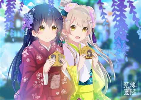 2girls Flowers Japanese Clothes Kimono Love Live School