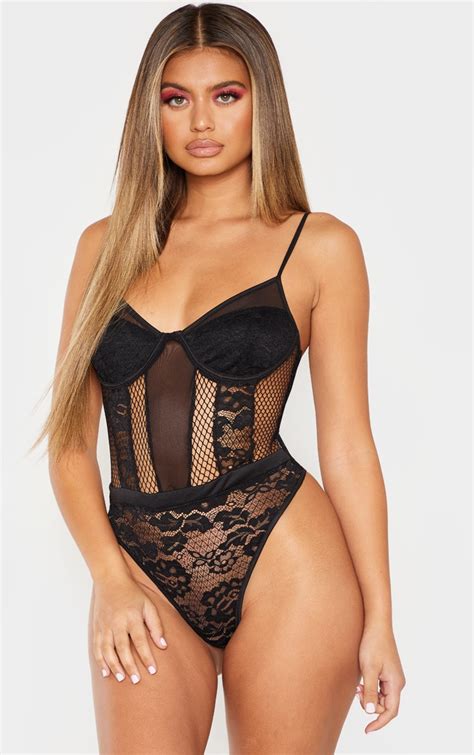 Black Sheer Lace Cupped Bodysuit Tops Prettylittlething Uae