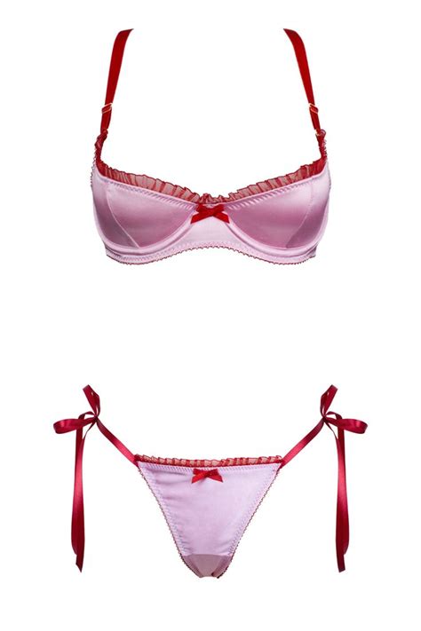 Cupid Demi Cup Plunge Bra With Knicker Or Tie Side Thong Pink Tulle