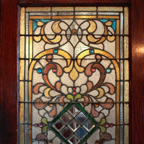 Large 38” Antique Oak Front Door With Jeweled Stained