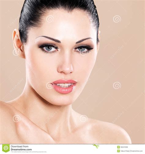 Beautiful Face Of Caucasian Woman With Pink Lips Stock