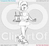 Outlined Waitress Tray Roller Skating Carhop Drinks Royalty Clipart Cartoon Vector Djart sketch template