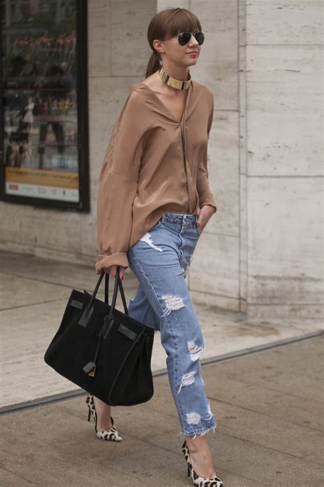 silky blouse boyfriend jeans outfit ideas popsugar fashion photo