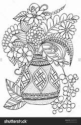 Vase Coloring Flowers Colouring Pages Bouquet Shutterstock Adult Zum Ausmalen Malvorlagen Zentangle Gemerkt Von Floral Vector Stock sketch template