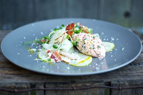 poached salmon rillettes with smoked eel and cox s apple salad