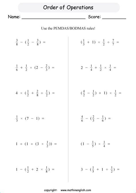 grade bodmas fractions worksheets preschool  worksheets