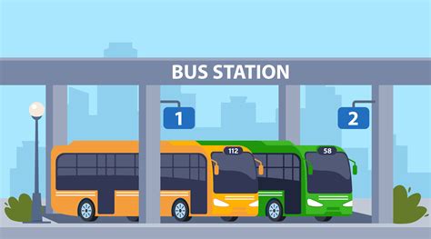 central bus station vector cartoon cityscape  modern city transportation building buses