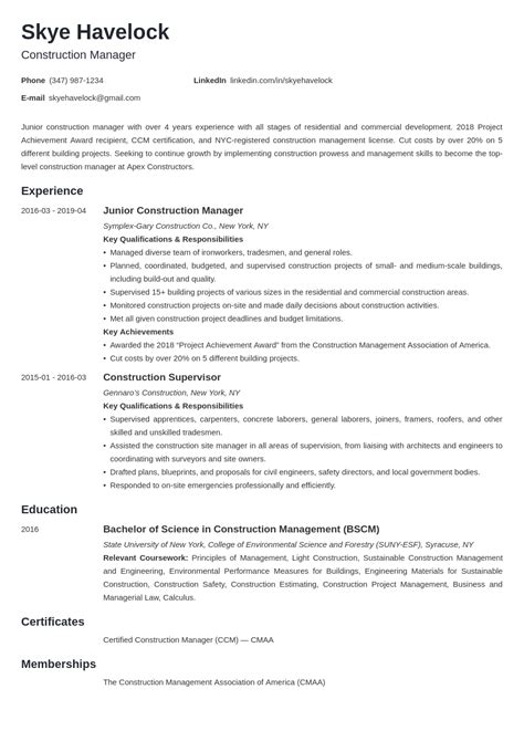 effective construction manager resume template