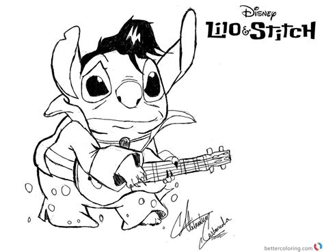lilo  stitch coloring pages fanart stitch  playing guitar