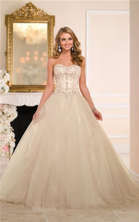 Ball Gown Strapless Drop Waist Champagne Colored Satin