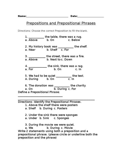 identifying prepositional phrases worksheet