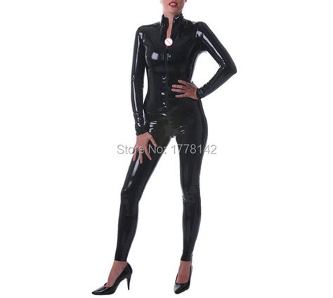 sexy unisex black latex catsuit rubber bodysuits with front crotch zip
