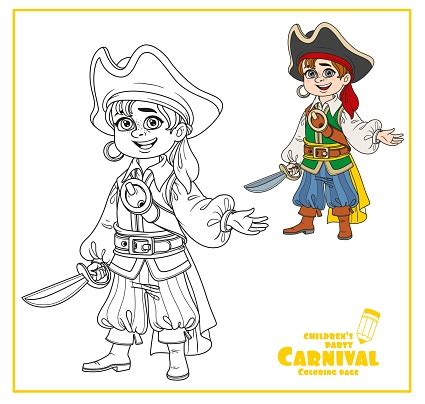 cute boy  pirate costume color  outlined  coloring page stock
