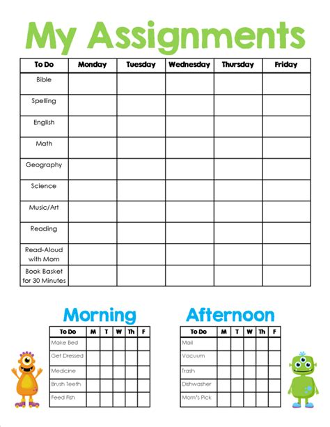 homeschool assignment chores sheet  printable