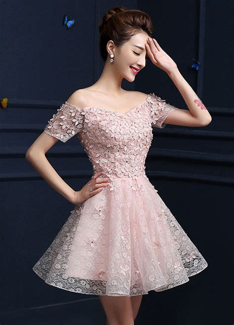 Pink Homecoming Dresses Off The Shoulder Lace Party Dresses A Line