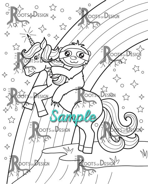 instant  coloring page sloth riding  unicorn print etsy