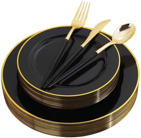 pcs black plastic plates  gold rim gold disposable etsy