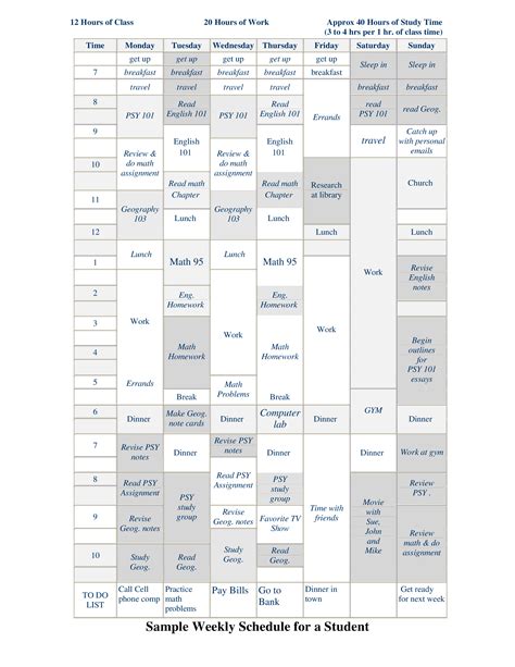 student weekly schedule templates  allbusinesstemplatescom
