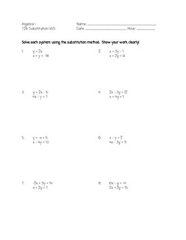 algebra  solving systems  equations  substitution worksheet
