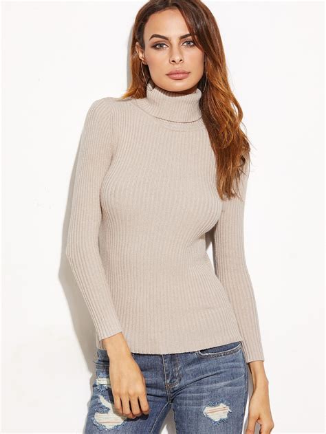apricot ribbed knit turtleneck slim fit sweater shein