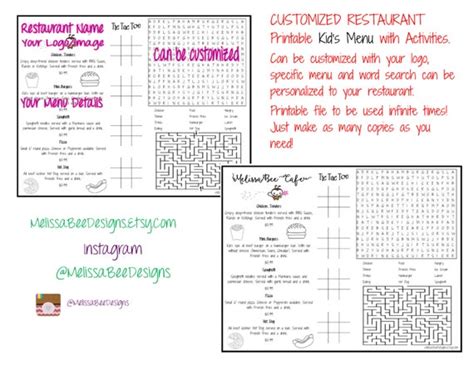 printable restaurant kids menu   melissabeedesigns  etsy