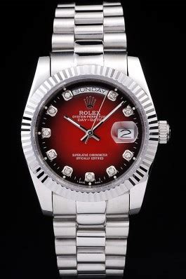 rolex day date polished stainless steel  tone red dial