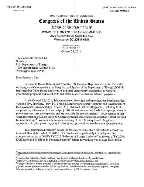 Letter To Secretary Steven Chu U S Department Of Energy U S