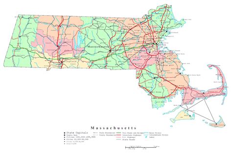 large detailed administrative map  massachusetts state  roads highways  cities