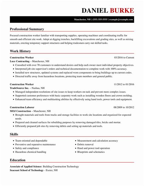 professional construction resume examples livecareer