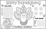 Thanksgiving Printable Placemat Kids Activity Placemats Printables Word Tac Toe Scramble Maze Tic Adorable Turkey Search Color sketch template