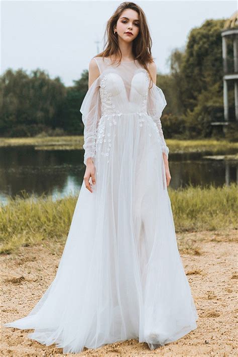 Princess Sheer Neckline Back Tulle Flower Bohemian Wedding Dress With