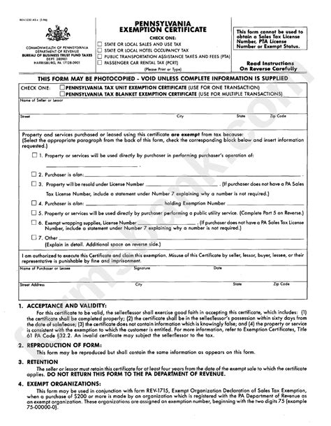 pa tax exempt form printable printable forms