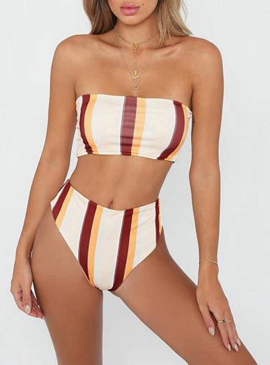 Two Piece Swimsuit Vertical Striped Strapless Full