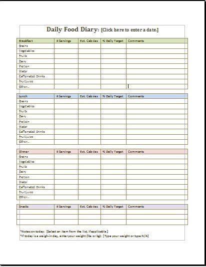daily food diary template  sample