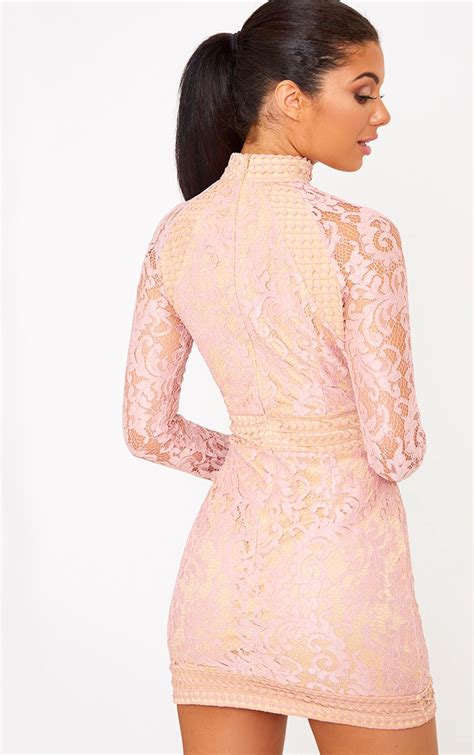 dusty pink lace high neck bodycon dress prettylittlething
